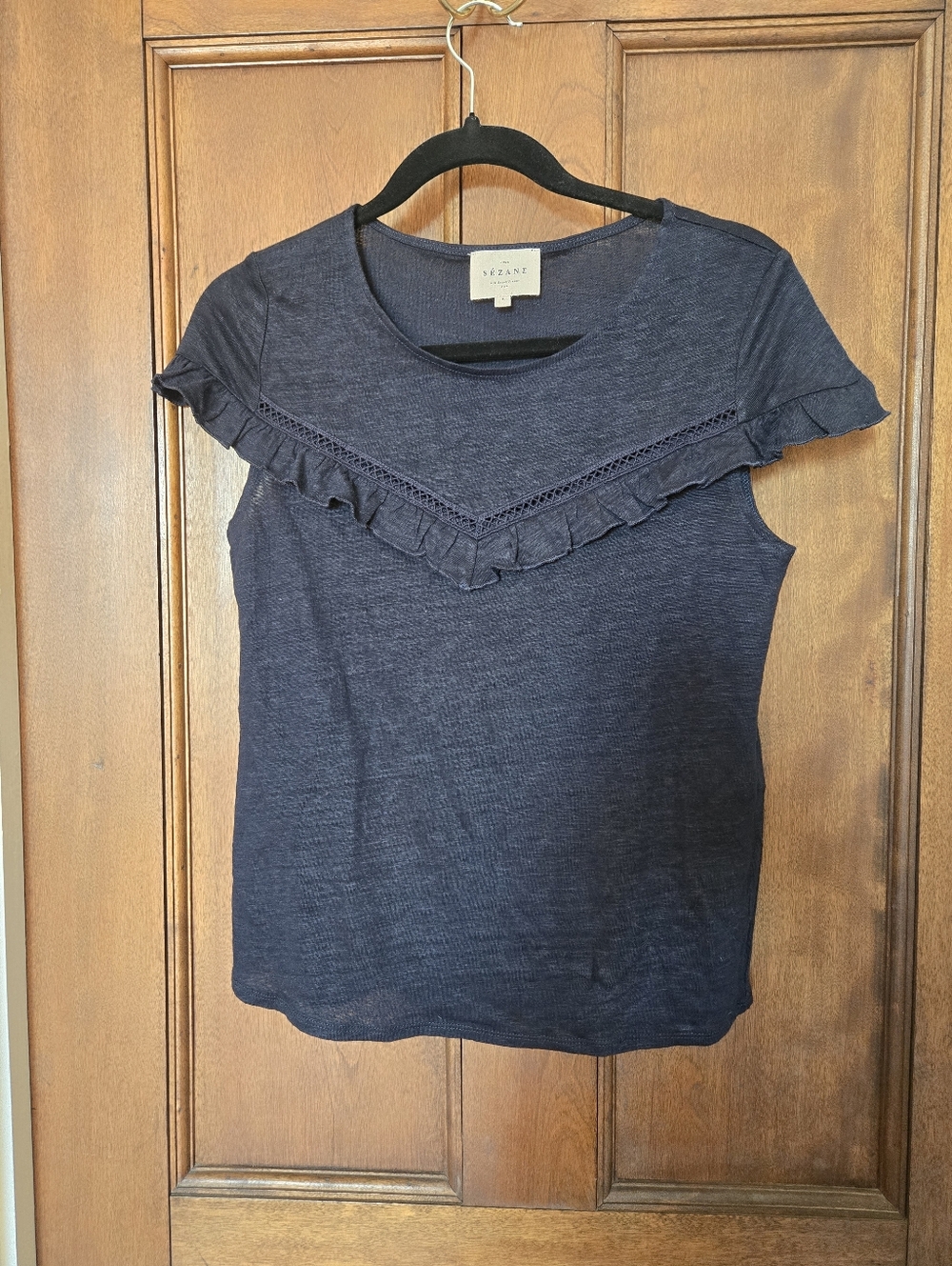 Sezane Navy Ruffle Trim Short Sleeve Top